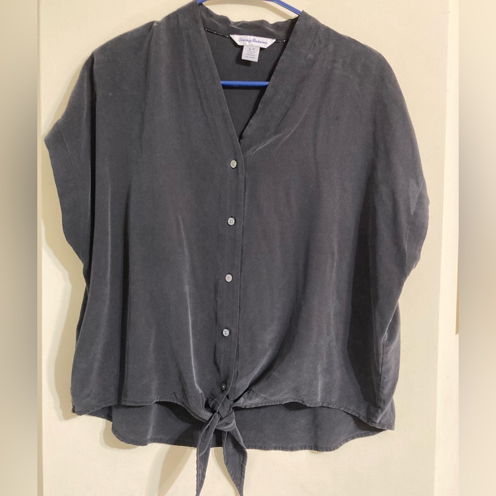 Dark Grey Tommy Bahama Shirt with Buttons and Tie at Waist